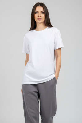 Bisiklet Yaka Kısa Kollu T-shirt Beyaz - NESSİA