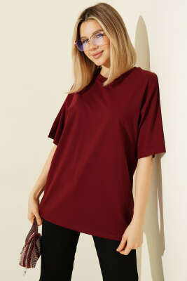 Bisiklet Yaka Kısa Kollu T-shirt Bordo - Kadın Giyim Modelleri