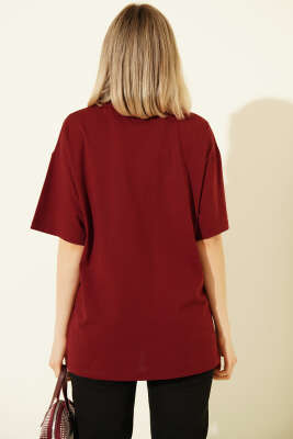 Bisiklet Yaka Kısa Kollu T-shirt Bordo - Kadın Giyim Modelleri