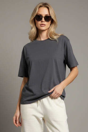 Bisiklet Yaka Kısa Kollu T-shirt Füme - Kadın Giyim Modelleri