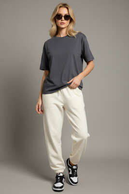 Bisiklet Yaka Kısa Kollu T-shirt Füme - Kadın Giyim Modelleri