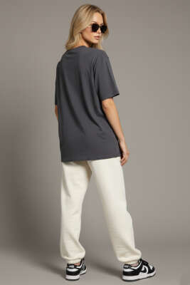 Bisiklet Yaka Kısa Kollu T-shirt Füme - Kadın Giyim Modelleri