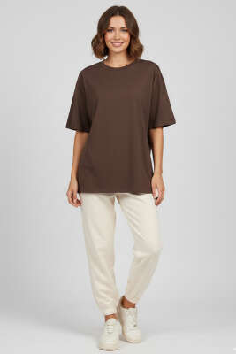 Bisiklet Yaka Kısa Kollu T-shirt Kahve - Kadın Giyim Modelleri