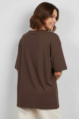 Bisiklet Yaka Kısa Kollu T-shirt Kahve - Kadın Giyim Modelleri
