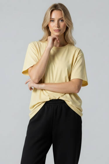 Bisiklet Yaka Kısa Kollu T-shirt Sarı - Kadın Giyim Modelleri