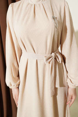 Bisiklet Yaka Kol Lastikli Elbise Bej - Elbise