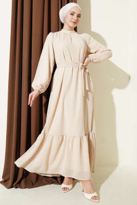 Bisiklet Yaka Kol Lastikli Elbise Bej - HBS
