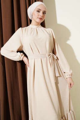 Bisiklet Yaka Kol Lastikli Elbise Bej - Elbise