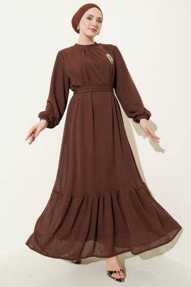 Bisiklet Yaka Kol Lastikli Elbise Kahve - Elbise