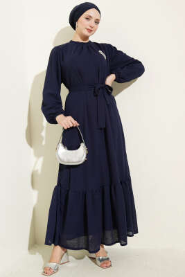 Bisiklet Yaka Kol Lastikli Elbise Lacivert - HBS