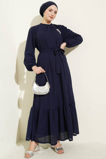 Bisiklet Yaka Kol Lastikli Elbise Lacivert - Elbise