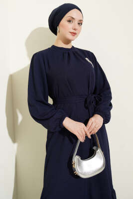 Bisiklet Yaka Kol Lastikli Elbise Lacivert - Elbise