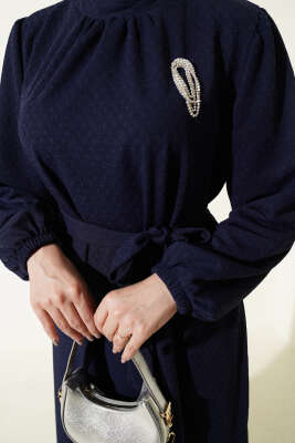 Bisiklet Yaka Kol Lastikli Elbise Lacivert - Elbise