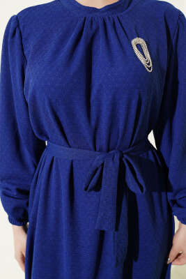 Bisiklet Yaka Kol Lastikli Elbise Saks - Elbise