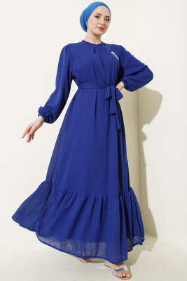 Bisiklet Yaka Kol Lastikli Elbise Saks - HBS