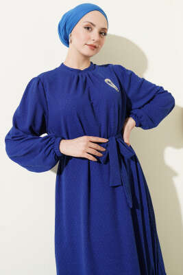 Bisiklet Yaka Kol Lastikli Elbise Saks - Elbise