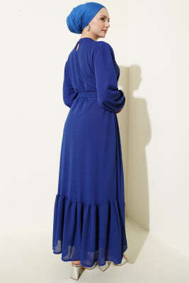 Bisiklet Yaka Kol Lastikli Elbise Saks - Elbise