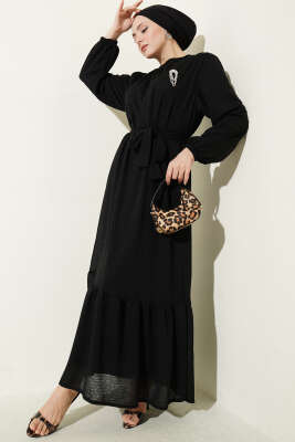 Bisiklet Yaka Kol Lastikli Elbise Siyah 