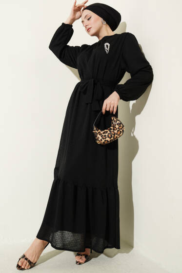 Bisiklet Yaka Kol Lastikli Elbise Siyah - Elbise