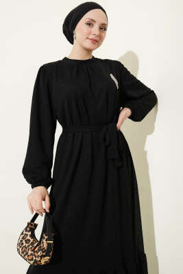 Bisiklet Yaka Kol Lastikli Elbise Siyah - Elbise