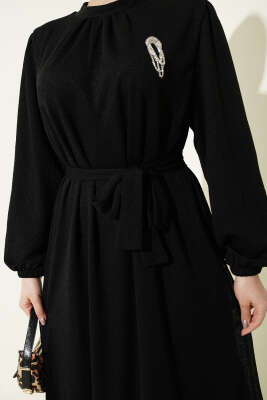 Bisiklet Yaka Kol Lastikli Elbise Siyah - Elbise