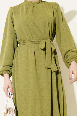 Bisiklet Yaka Kol Lastikli Elbise Yağ Yeşili - Elbise