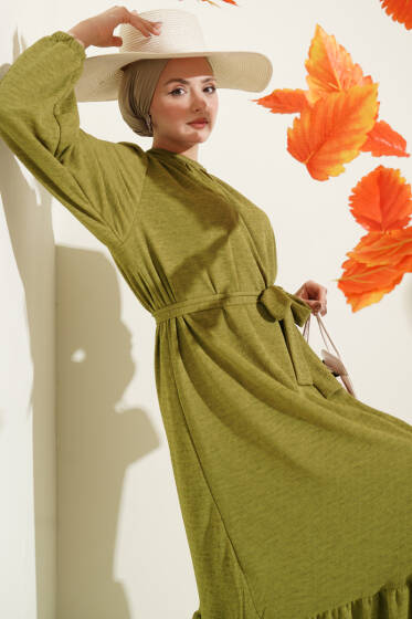 Bisiklet Yaka Kol Lastikli Elbise Yağ Yeşili - Elbise