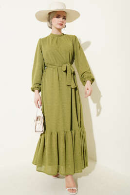 Bisiklet Yaka Kol Lastikli Elbise Yağ Yeşili - Elbise