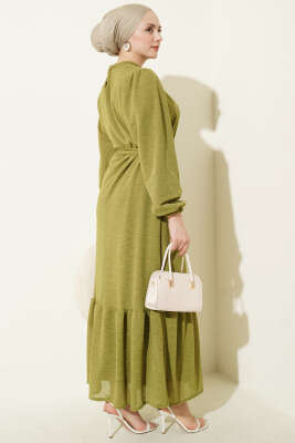 Bisiklet Yaka Kol Lastikli Elbise Yağ Yeşili - Elbise