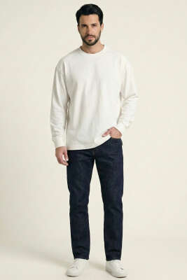 Bisiklet Yaka Kol Ribanalı Erkek Sweatshirt Beyaz - Erkek Sweatshirt