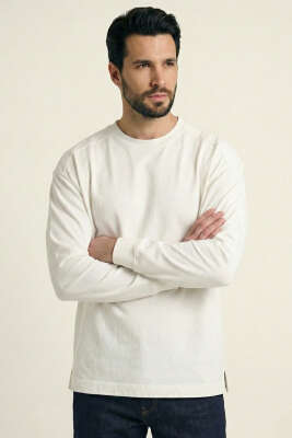 Bisiklet Yaka Kol Ribanalı Erkek Sweatshirt Beyaz - DEEP POİNT