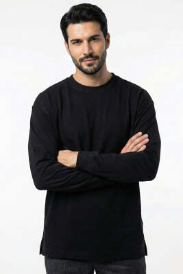 Bisiklet Yaka Kol Ribanalı Erkek Sweatshirt Siyah - DEEP POİNT