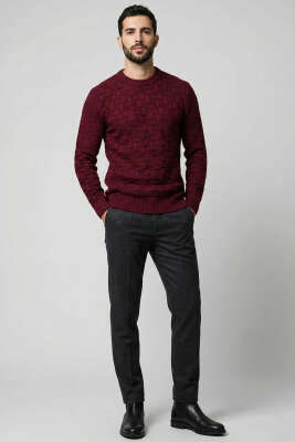 Bisiklet Yaka Labirent Desen Erkek Kazak Bordo - Erkek Kazak