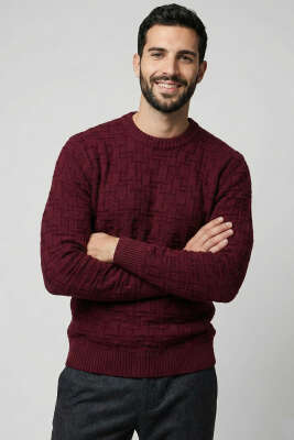 Bisiklet Yaka Labirent Desen Erkek Kazak Bordo 