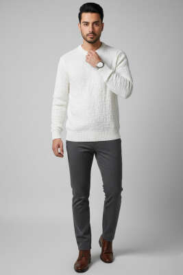 Bisiklet Yaka Labirent Desen Erkek Kazak Ekru - Erkek Kazak