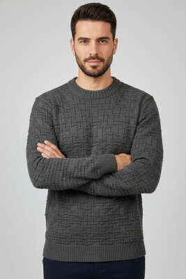 Bisiklet Yaka Labirent Desen Erkek Kazak Füme - Erkek Kazak