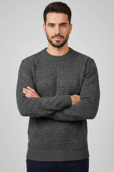 Bisiklet Yaka Labirent Desen Erkek Kazak Füme - Erkek Kazak