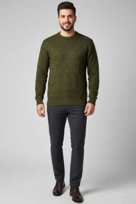 Bisiklet Yaka Labirent Desen Erkek Kazak Haki - Erkek Kazak