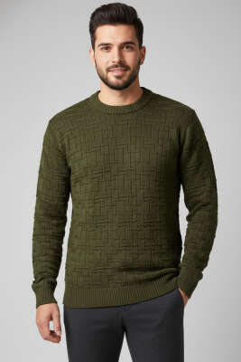 Bisiklet Yaka Labirent Desen Erkek Kazak Haki 