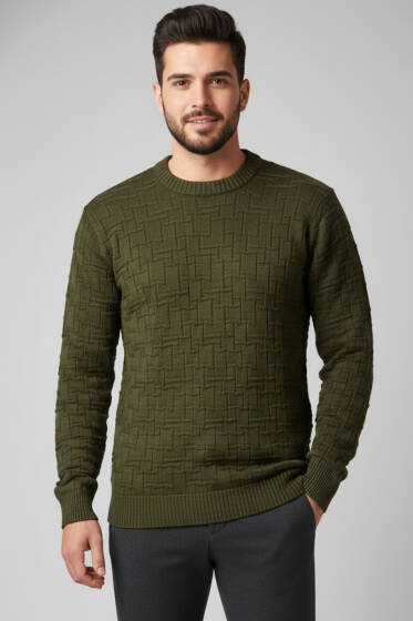 Bisiklet Yaka Labirent Desen Erkek Kazak Haki - Erkek Kazak