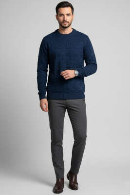 Bisiklet Yaka Labirent Desen Erkek Kazak İndigo - Erkek Kazak