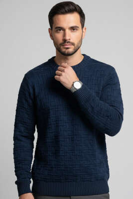 Bisiklet Yaka Labirent Desen Erkek Kazak İndigo 