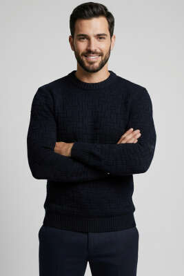 Bisiklet Yaka Labirent Desen Erkek Kazak Lacivert 