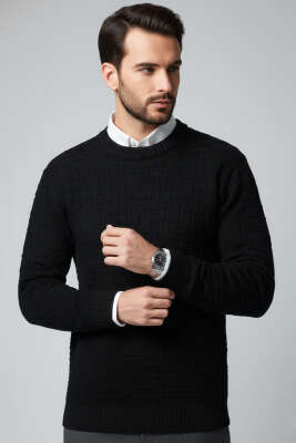 Bisiklet Yaka Labirent Desen Erkek Kazak Siyah 