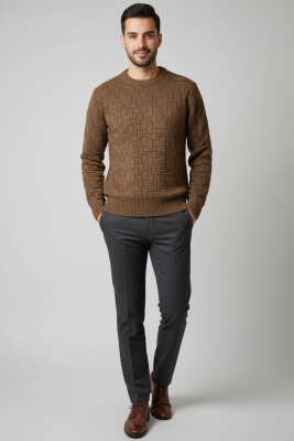 Bisiklet Yaka Labirent Desen Erkek Kazak Vizon - Erkek Kazak