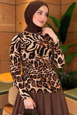 Bisiklet Yaka Leopar Desenli Bluz Camel - Yeni Sezon Tesettür Bluz