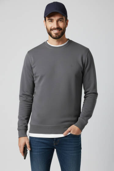 Bisiklet Yaka Manşetli Erkek Sweatshirt Füme - Yeni Erkek Giyim