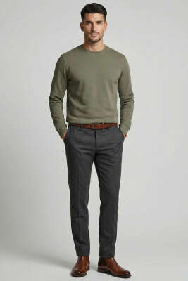 Bisiklet Yaka Manşetli Erkek Sweatshirt Haki - Yeni Erkek Giyim