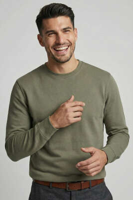 Bisiklet Yaka Manşetli Erkek Sweatshirt Haki - MARKOVA