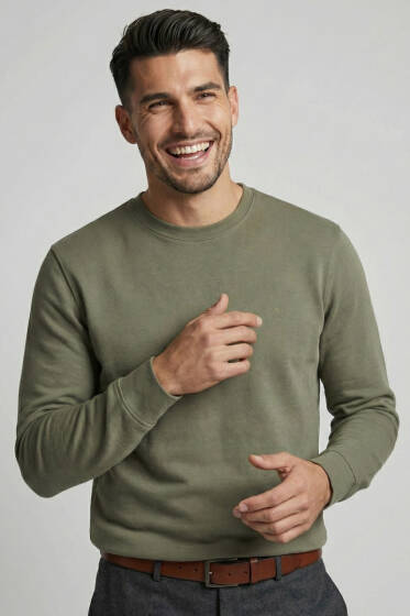 Bisiklet Yaka Manşetli Erkek Sweatshirt Haki - Yeni Erkek Giyim